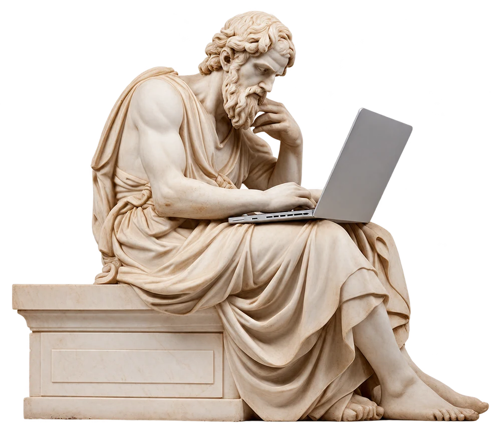 Klassische Skulptur arbeitet konzentriert am Laptop