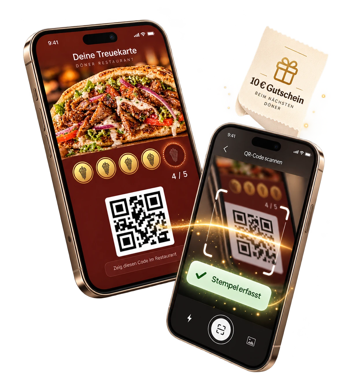 Digitale Döner-Treuekarte mit QR-Code, erfolgreichem Stempelscan und 10-Euro-Gutschein